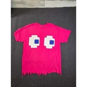 Pac-Man Ghost Graphic Gildan T-Shirt Women Large Pink Distressed Hem